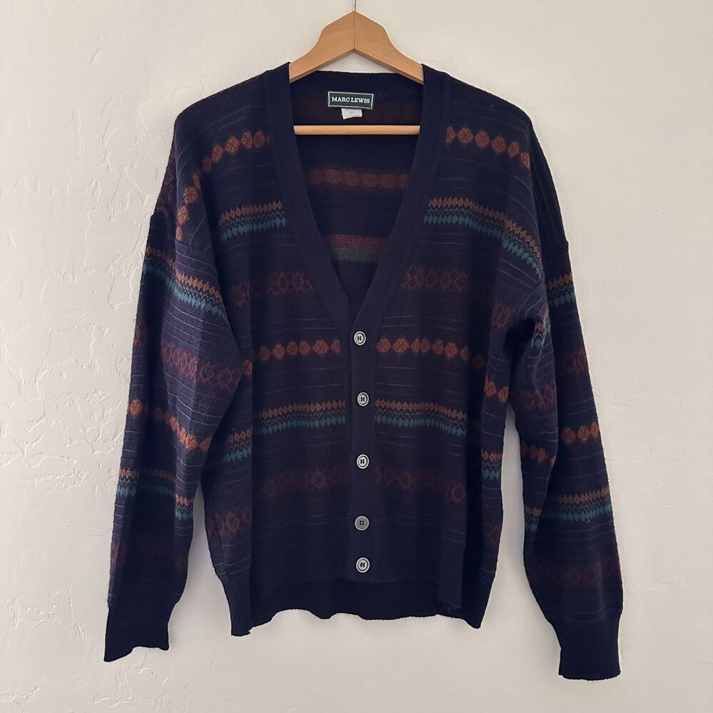 Vintage Marc Lewis Mens Size XL Navy Wool Cardigan Sweater Academia Preppy